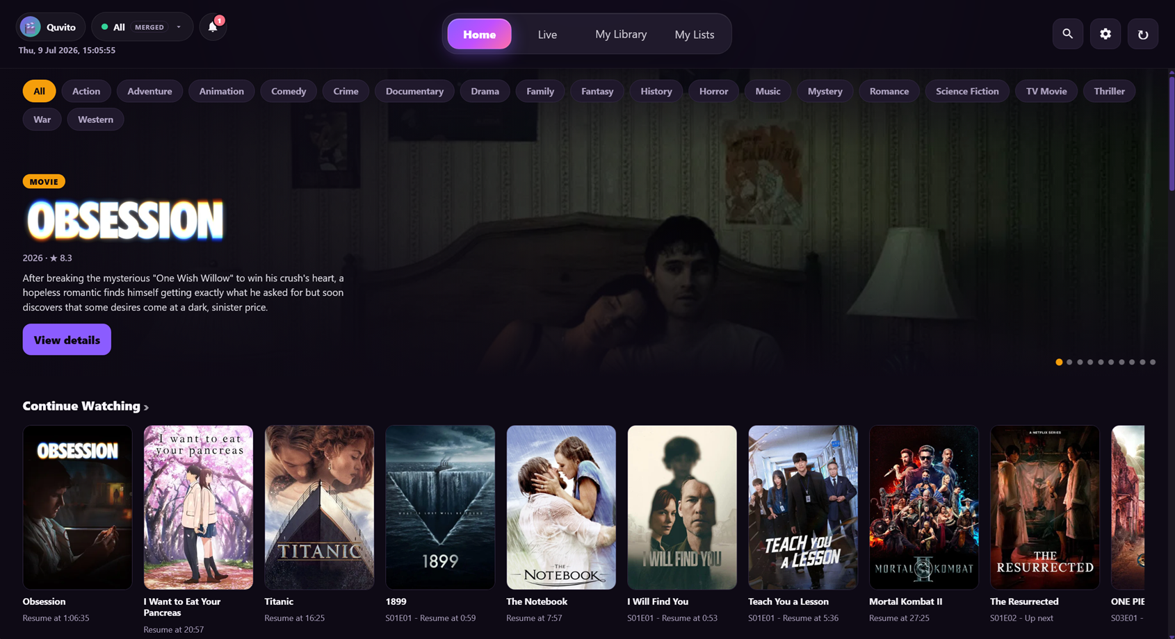 Quvito's unified library, showing movies and series merged from several sources