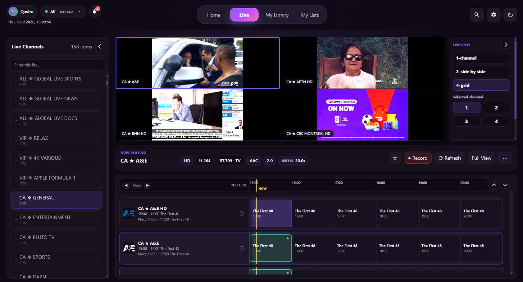 Four live channels playing side by side in Quvito's multiview
