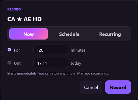 Quvito's DVR, showing scheduled recordings and series rules