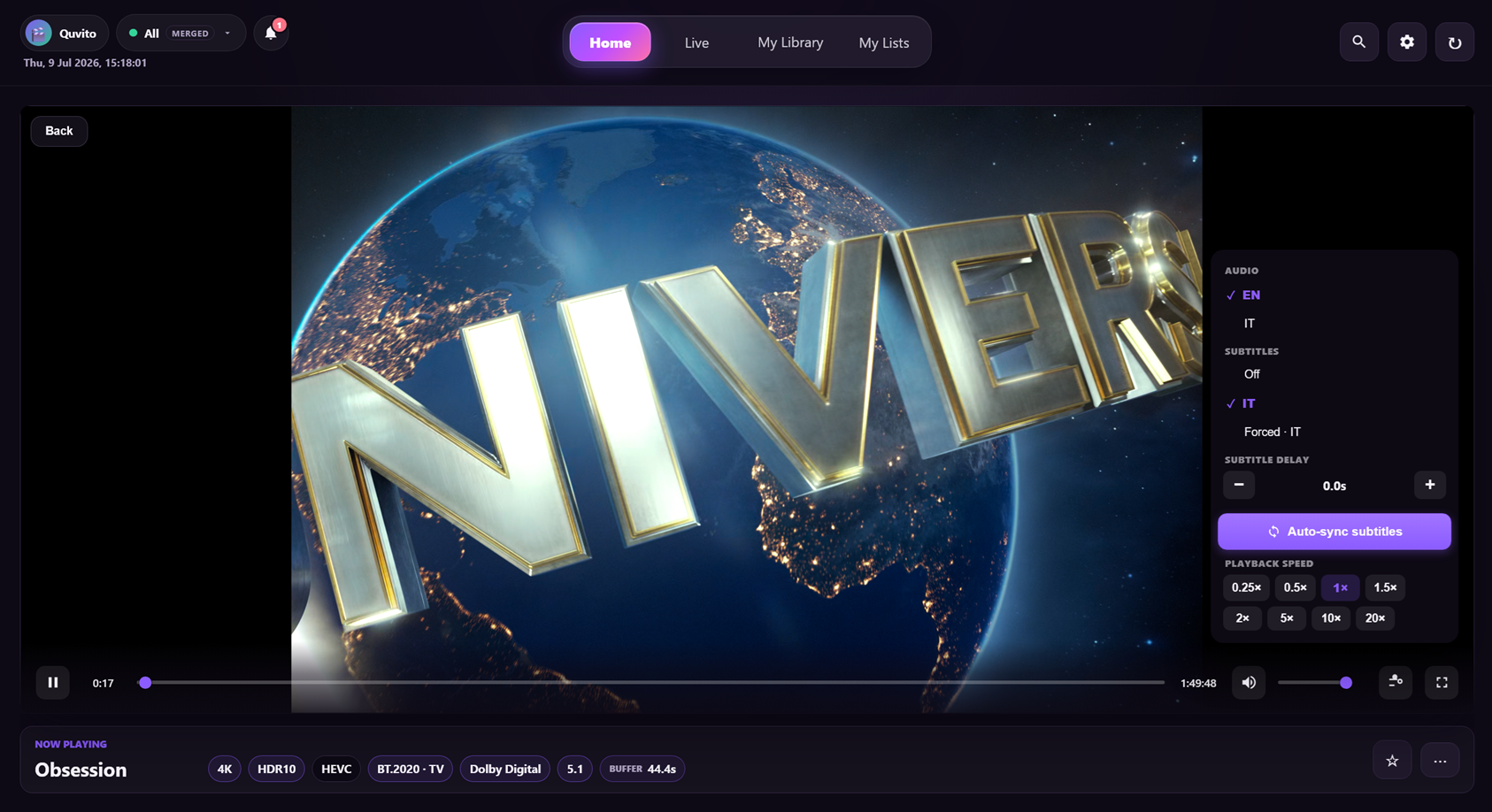 Quvito's native video player showing playback controls